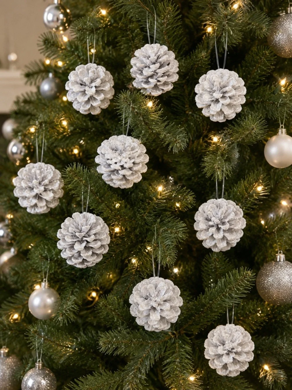 Sparkly White Pine Cone Christmas Ornaments